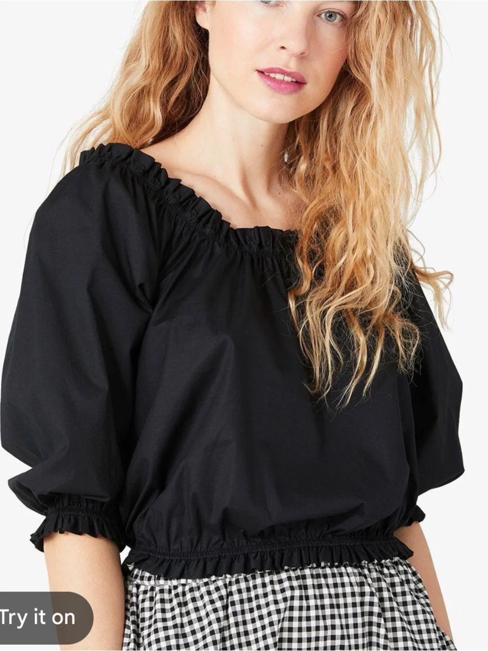 kate spade Black Puff Sleeve Smocked Hem 97% Cotton Top